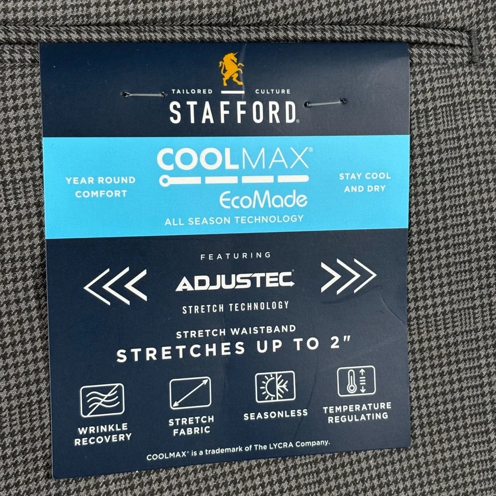 Stafford CoolMax Ecomode Gray Houndstooth Classic Wool Blend Dress Pants 34x32